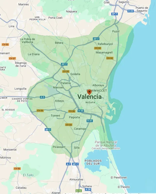 Mapa de Valencia y alrededores con la zona de servicio marcada en verde, de Puçol a Silla y de L'Eliana a la costa
